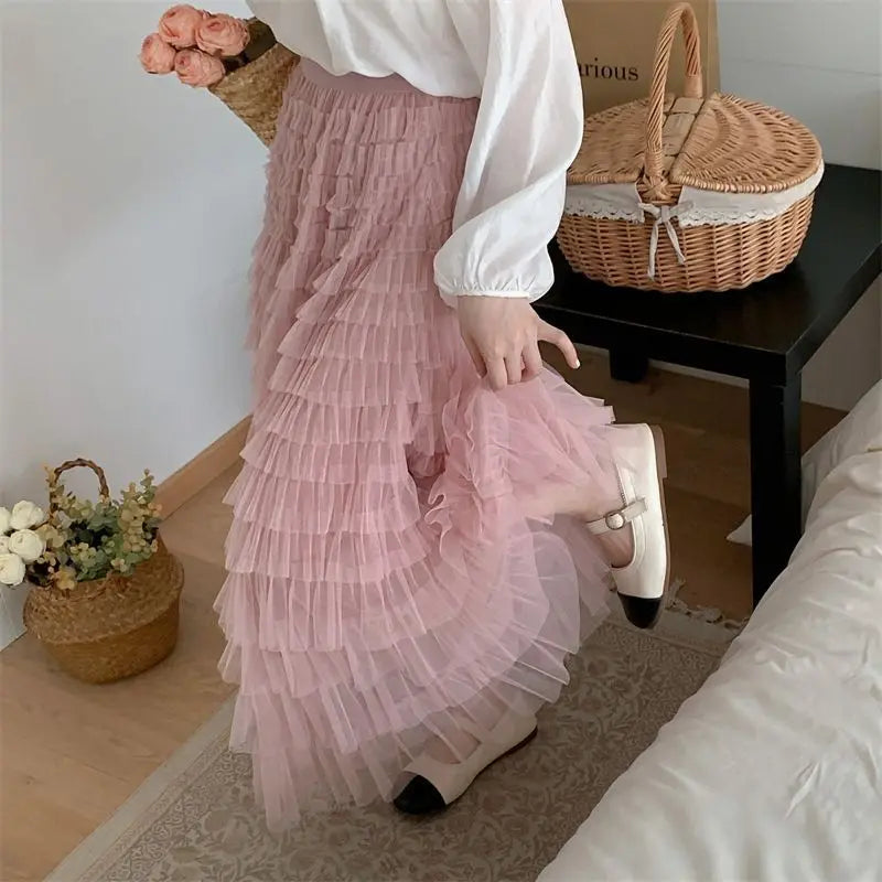 Falda larga de tul de talla grande para mujer, cintura alta, estilo A, con capas, elegante, para 200 libras, estilo coreano, ...