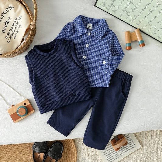 2025 bebé niños otoño fino caballero raya manga larga Tops + chaleco sólido + Pantalones conjunto de tres piezas para ropa Formal de 1 a 3 años