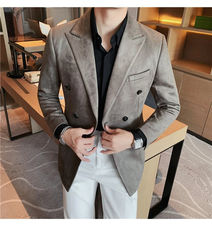 Chaqueta de ante con botones de doble botonadura para hombre, traje de negocios informal, ropa de calle Social, otoño e invierno, 2023