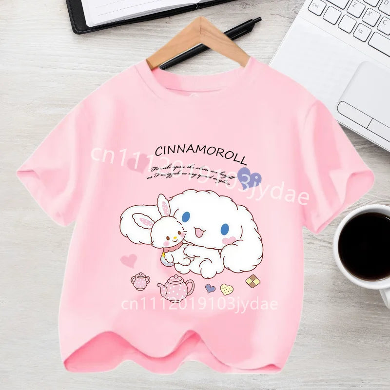 Camiseta de Manga Corta para Niños, Estilo Urbano, Verano 2026, Ropa Casual, Regalo Kawaii, Linda Camiseta de Cinnamoroll para Niña, Camiseta de Algodón con Estampado de Anime