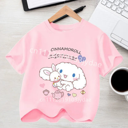 Camiseta de Manga Corta para Niños, Estilo Urbano, Verano 2026, Ropa Casual, Regalo Kawaii, Linda Camiseta de Cinnamoroll para Niña, Camiseta de Algodón con Estampado de Anime