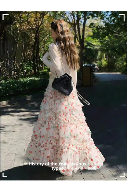 Primavera Verano 2026 Falda Larga de Tul Estampada de Cintura Alta con Empalmes Asimétricos, Falda de Pastel Colorida, Estilo...