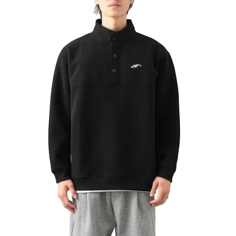 Otoño de los hombres de la letra impresa botón sudadera Stand Collar Patchwork pulóver sudaderas con capucha 2025 nuevo Casual Y2K manga larga Sudaderas