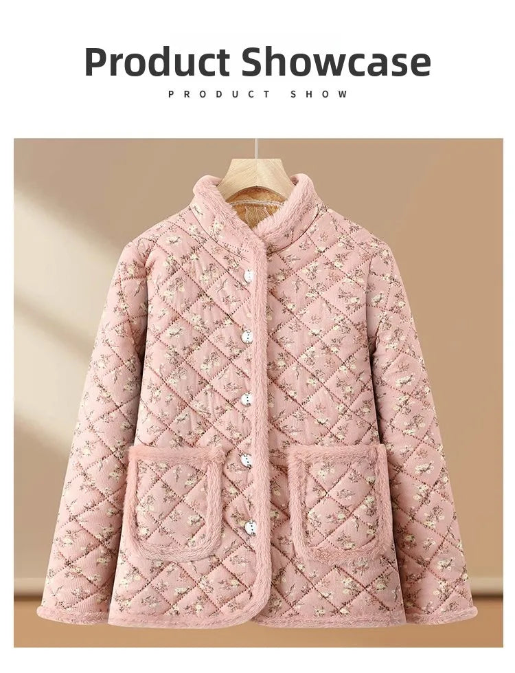 Chaqueta de algodón con estampado floral y forro polar grueso para mujeres de mediana edad y mayores, ropa de abrigo cálida p...
