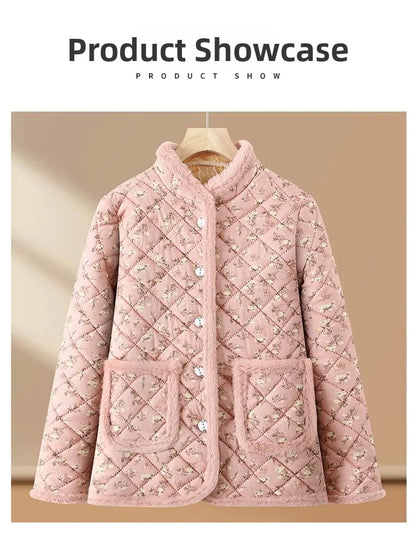 Chaqueta de algodón con estampado floral y forro polar grueso para mujeres de mediana edad y mayores, ropa de abrigo cálida p...