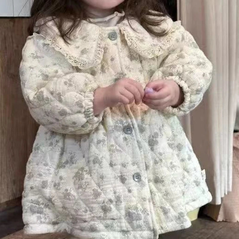 Abrigo Grueso de Algodón Estilo Coreano para Niñas, Otoño e Invierno, Estilo Campestre, Versátil, con Cuadros y Flores