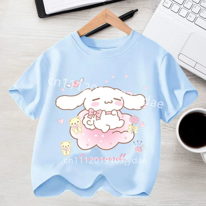 Camiseta de Manga Corta para Niños, Estilo Urbano, Verano 2026, Ropa Casual, Regalo Kawaii, Linda Camiseta de Cinnamoroll para Niña, Camiseta de Algodón con Estampado de Anime