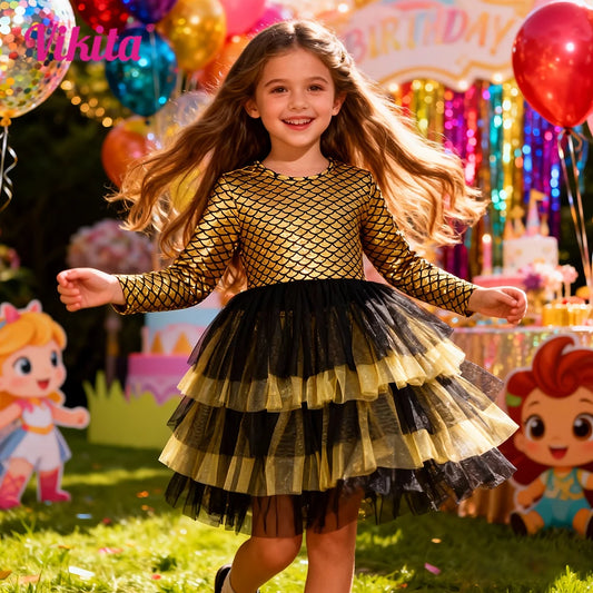 VIKITA niñas de manga larga otoño primavera oro brillante rendimiento vestido de graduación niñas capas de tul malla tutú vestido de moda