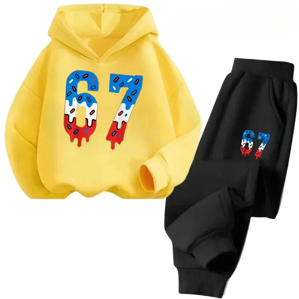 67 conjunto de sudaderas con capucha elegantes para niños de 4 a 13 años, ropa de calle coreana, chándal de bloque, sudadera cómoda a la moda para niños, conjuntos de 2 uds, traje de pantalón