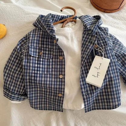 Camisas coreanas para niños, camisas con capucha para niñas y niños, Tops a cuadros de algodón para niños, abrigo informal de manga larga para primavera y otoño de 1 a 10 años