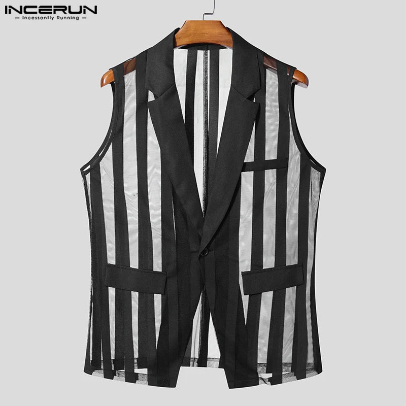 INCERUN Men Vests Mesh Striped Transparent Lapel Sleeveless One Button Casual Male Waistcoats Fashion Streetwear 2025 Vests Sexy