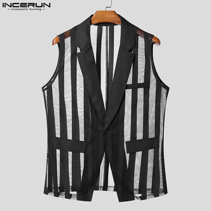 INCERUN Men Vests Mesh Striped Transparent Lapel Sleeveless One Button Casual Male Waistcoats Fashion Streetwear 2025 Vests Sexy
