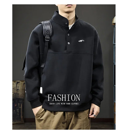 Otoño de los hombres de la letra impresa botón sudadera Stand Collar Patchwork pulóver sudaderas con capucha 2025 nuevo Casual Y2K manga larga Sudaderas