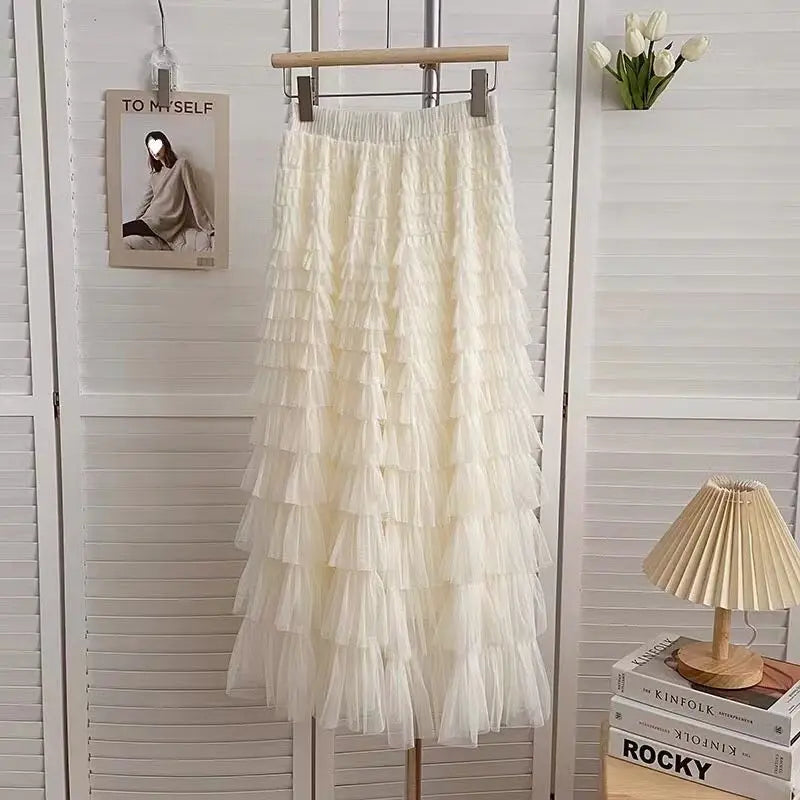 Falda larga de tul de talla grande para mujer, cintura alta, estilo A, con capas, elegante, para 200 libras, estilo coreano, ...