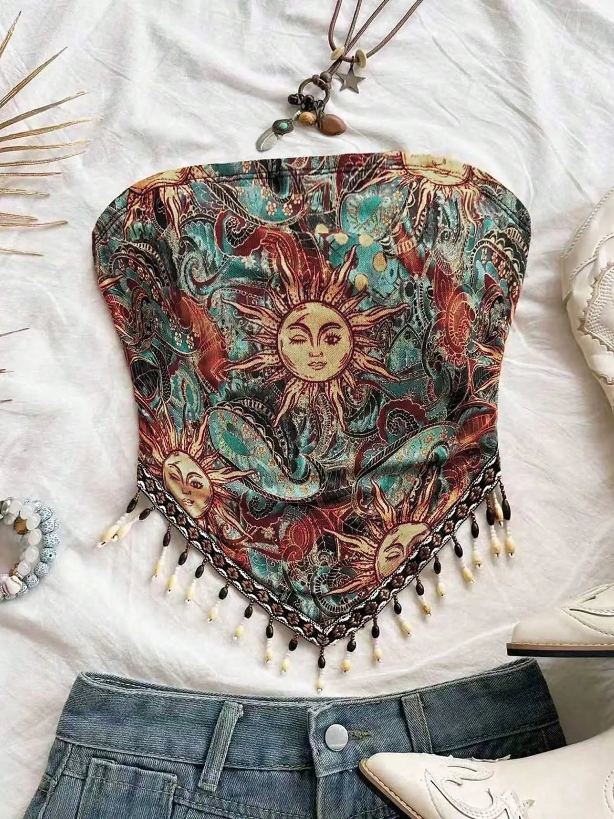Top de tubo de punto de malla estampado de 1 pieza para mujer con dobladillo triangular y adornos de flecos con cuentas