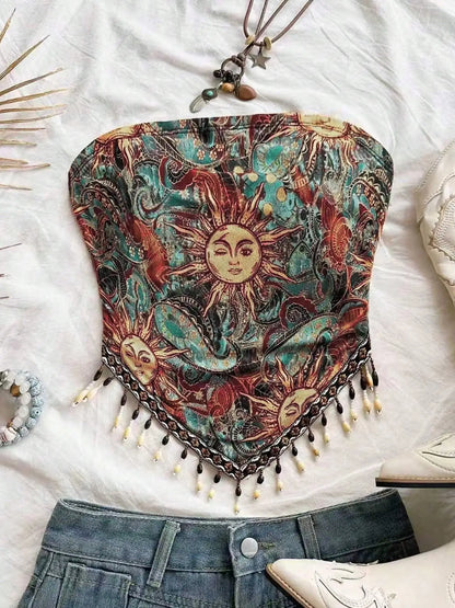 Top de tubo de punto de malla estampado de 1 pieza para mujer con dobladillo triangular y adornos de flecos con cuentas