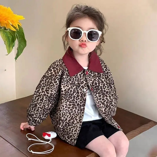 Abrigo de leopardo para niña primavera y otoño 2025, nueva chaqueta para niños con patrón de leopardo, Top informal de primavera para niña
