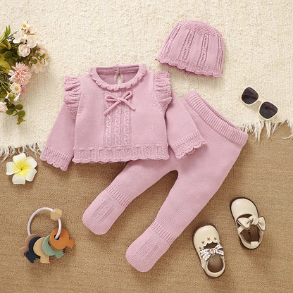 Conjuntos de ropa de invierno para niñas, suéter rosa de manga larga, camisas, pantalones y sombreros, trajes para recién nacidos, traje de 3 uds para primavera y otoño