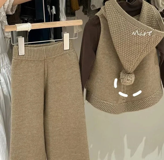 Conjunto de dos piezas de punto para niños, suéter de Color sólido, ropa coreana para niños, otoño e invierno, nuevo artículo