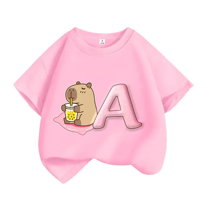 Camiseta de algodón de manga corta con estampado de capibara para niños, diseño de dibujos animados, estilo veraniego y moderno.