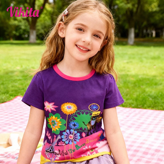 Camiseta de manga corta con estampado Floral morado para niños, camisetas y camisetas informales con estampado de animales de algodón para niños pequeños, ropa informal para viajes al aire libre