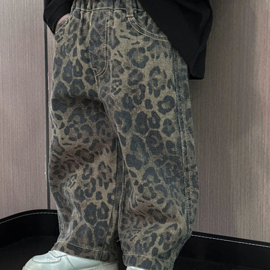 Pantalones de otoño para niños, pantalones vaqueros con estampado de leopardo, ropa coreana para bebés, pantalones sueltos informales y bonitos a la moda para niños