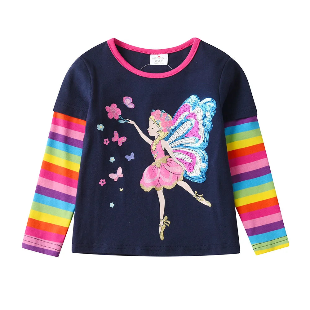 VIKITA, camiseta de manga larga para niñas, camisetas informales de algodón con apliques de lentejuelas y elfo de hadas para niñas, camisetas a rayas con cuello redondo, ropa para niños