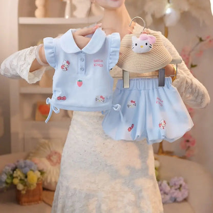 Nuevo Conjunto de Verano para Niña Sanrio, Conjunto Deportivo Delgado de Dos Piezas, Camiseta y Pantalones Cortos con Diseño de Kt, Ropa Casual Transpirable de Algodón