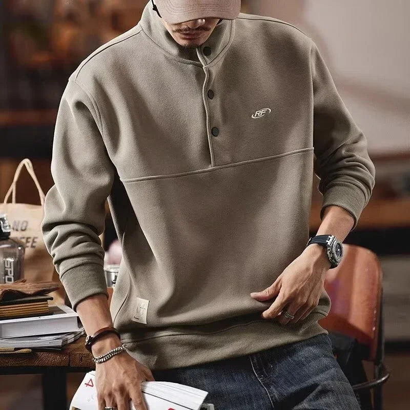Otoño de los hombres de la letra impresa botón sudadera Stand Collar Patchwork pulóver sudaderas con capucha 2025 nuevo Casual Y2K manga larga Sudaderas