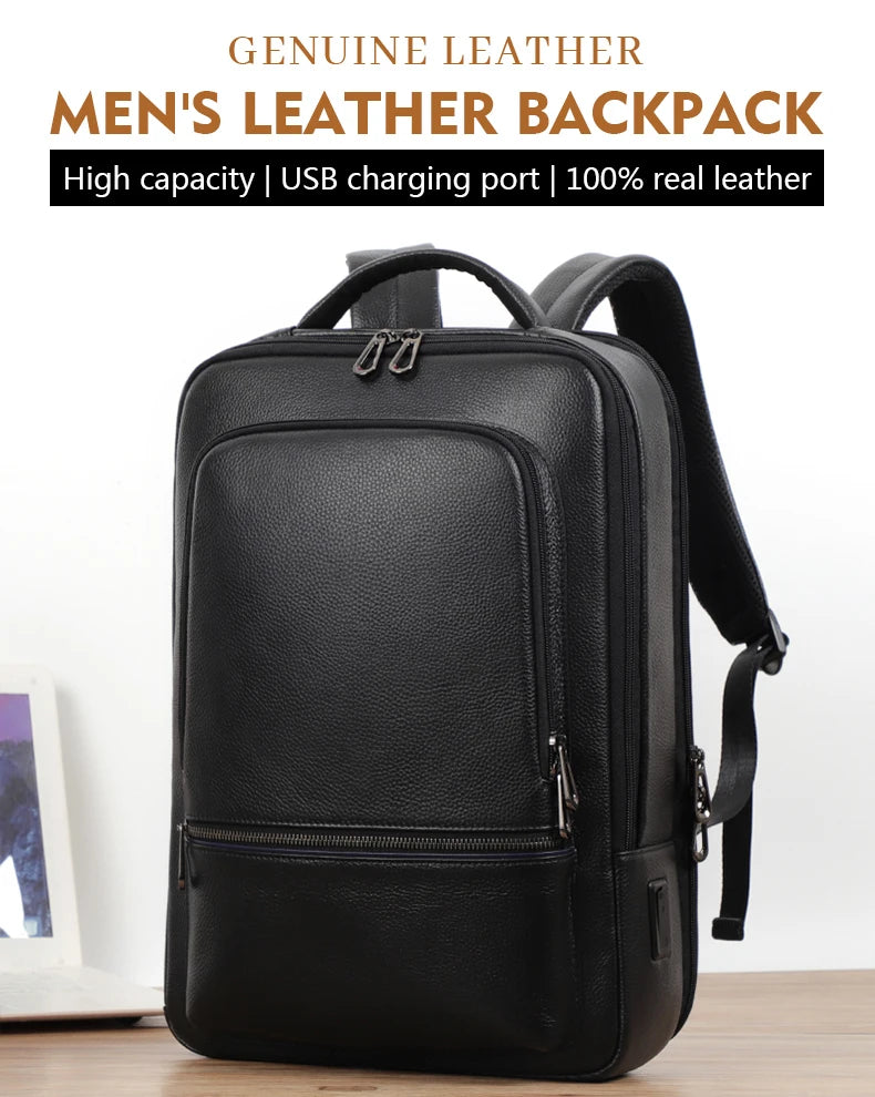 Mochila 100% de cuero de vaca Natural para ordenador portátil de 15,6 pulgadas, Mochila USB para hombre, bolso de viaje de cuero genuino, Mochila grande para niños