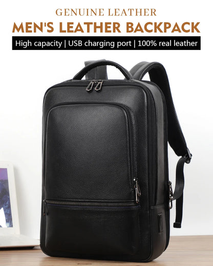 Mochila 100% de cuero de vaca Natural para ordenador portátil de 15,6 pulgadas, Mochila USB para hombre, bolso de viaje de cuero genuino, Mochila grande para niños