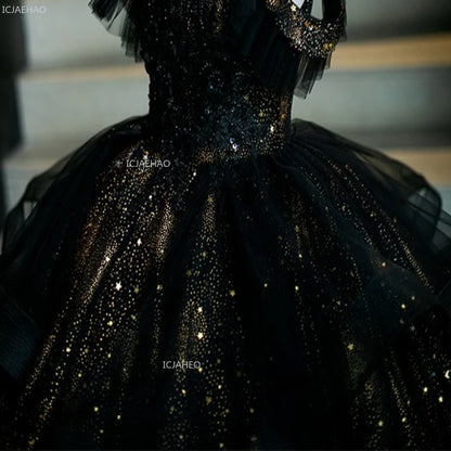 Vestido de fiesta de cumpleaños negro para niñas, vestido de princesa de tul hinchado para actuaciones de Piano, vestidos de desfile de desfile de moda