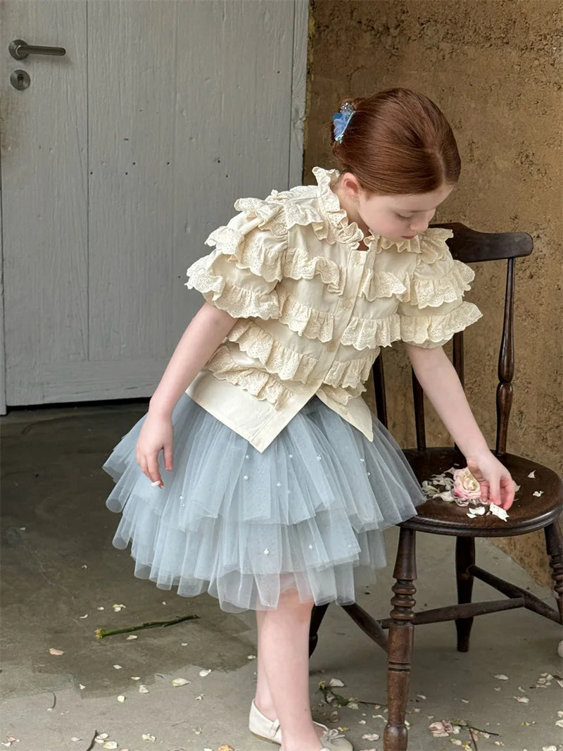Camisa de Manga Corta con Volantes y Encaje para Niñas, Primavera-Verano 2026, Estilo Retro y Lindo