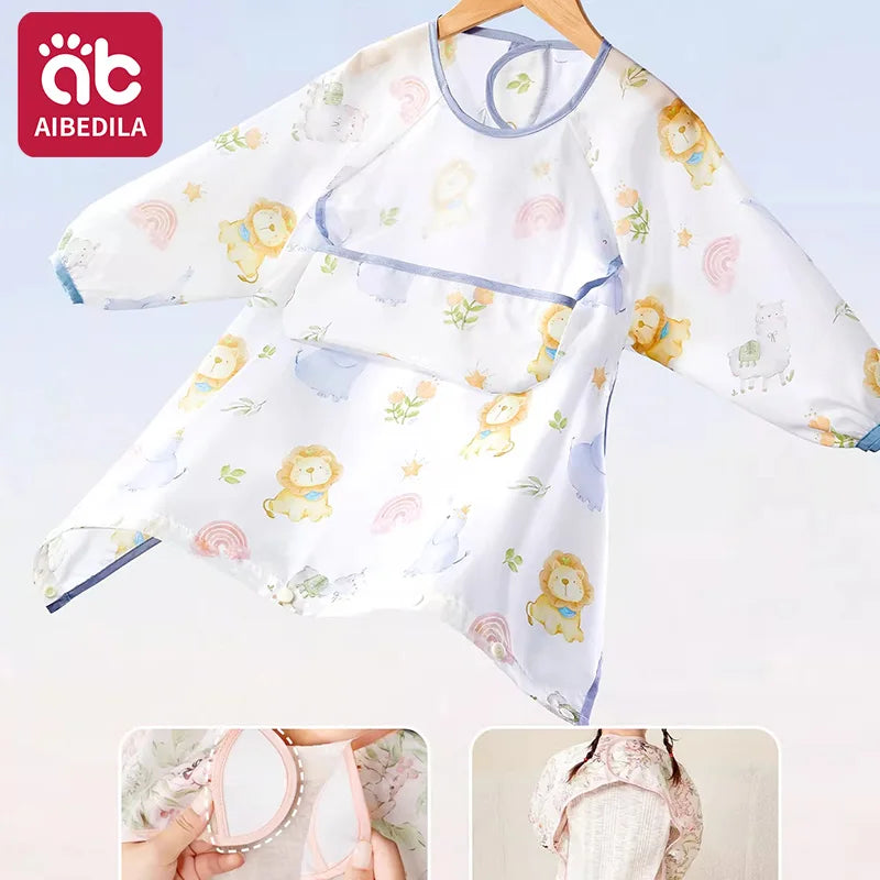 AIBEDILA Baberos impermeables para bebés, babero de manga larga para destete, se sujeta a la mesa de la trona, dobladillo desmontable, 6M-6T