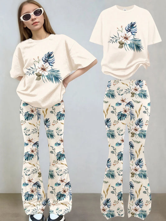 Conjunto de 2 piezas de ropa de primavera/verano para niñas: camiseta divertida de manga corta con estampado + pantalones acampanados de pierna recta con estampado floral, ropa infantil de estilo vacacional moderna y elegant