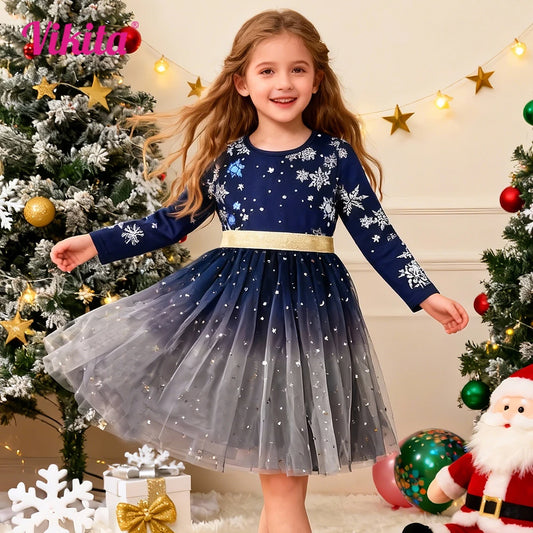 VIKITA-vestidos de manga larga con estampado de copos de nieve para niñas, vestidos elegantes de princesa para Navidad, Año Nuevo, Festival de Navidad, Otoño e Invierno