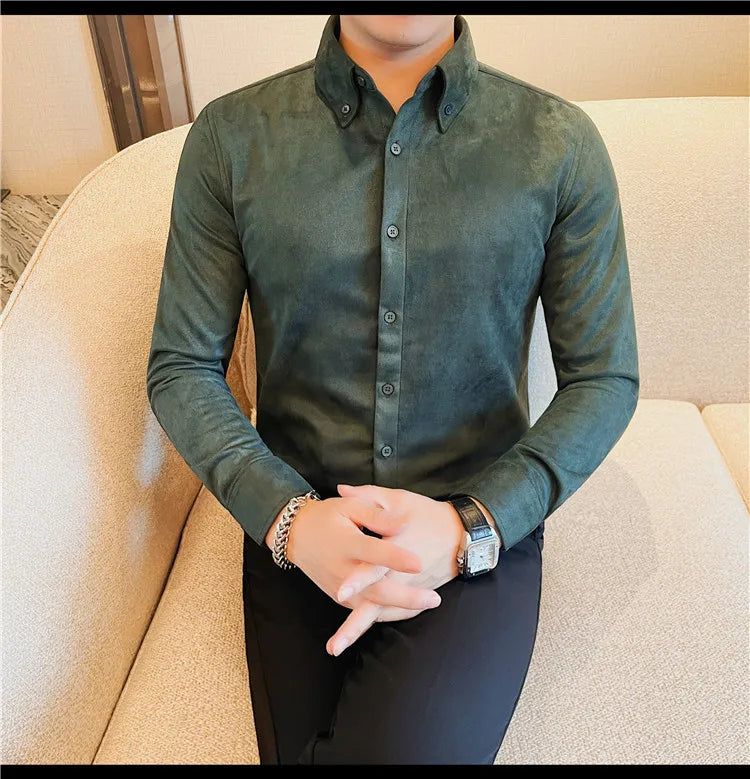 Camisa de ante de alta calidad para hombre, camisas de negocios informales de manga larga para otoño e invierno, blusa de esmoquin para fiesta Social, ropa para hombre 2023
