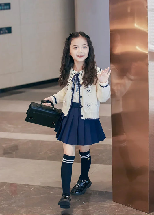 Conjunto de tres piezas para niñas, suéter de punto, cárdigan, faldas plisadas, estilo universitario, a la moda, primavera y otoño, novedad de 2024