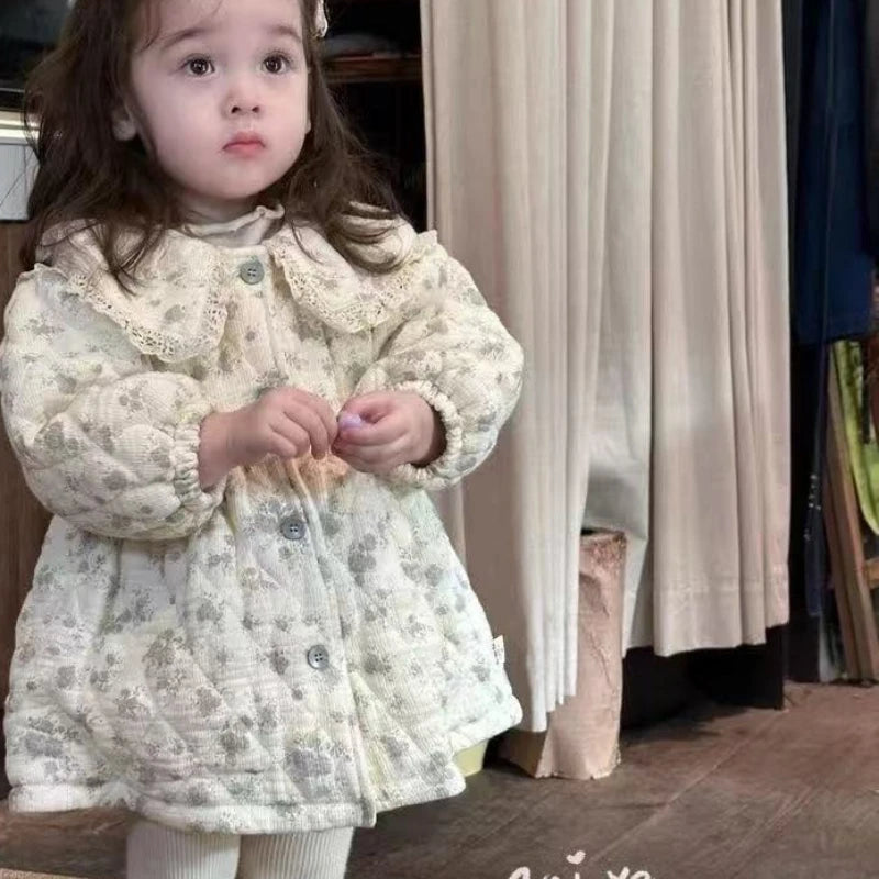 Abrigo Grueso de Algodón Estilo Coreano para Niñas, Otoño e Invierno, Estilo Campestre, Versátil, con Cuadros y Flores