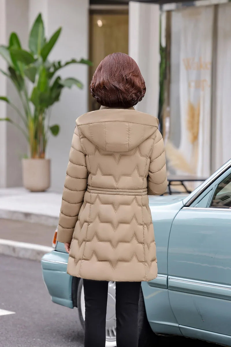 Chaqueta Larga de Algodón Grueso para Mujer, Acolchada, Ajustada, con Cintura Ajustable, Manga Larga, Cierre de Cremallera
