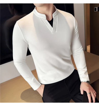 Camiseta elástica falsa de 2 piezas con empalme a la moda coreana, camiseta básica de manga larga con cuello en V ajustada para hombre, camisetas versátiles de Color sólido