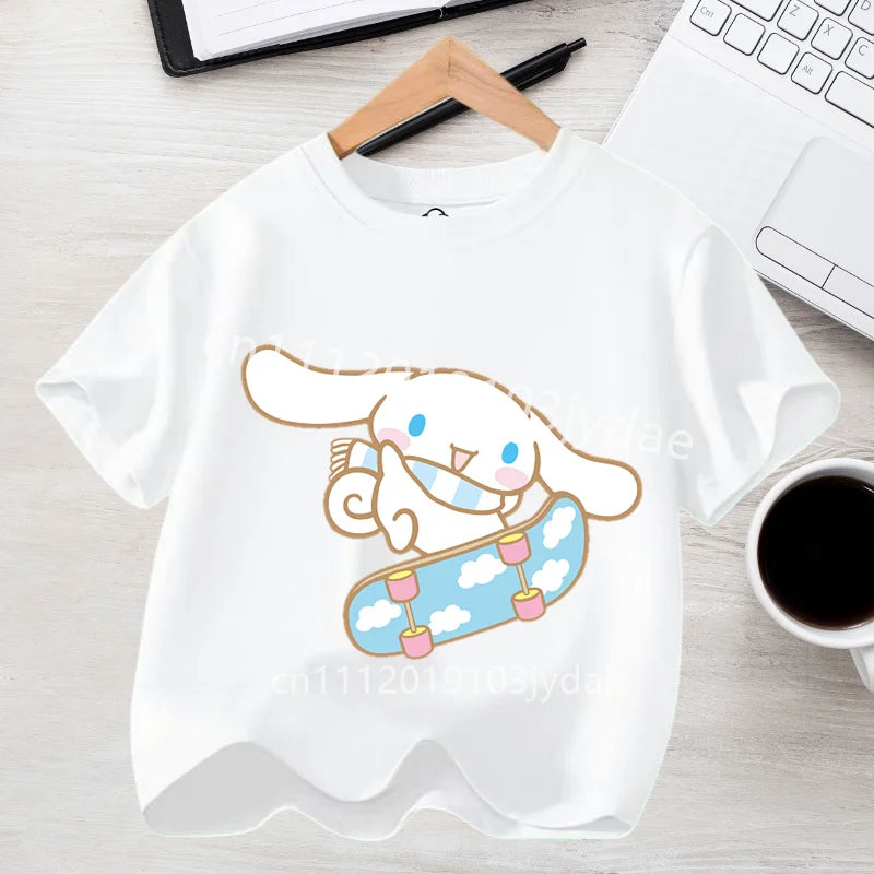 Camiseta de Manga Corta para Niños, Estilo Urbano, Verano 2026, Ropa Casual, Regalo Kawaii, Linda Camiseta de Cinnamoroll para Niña, Camiseta de Algodón con Estampado de Anime