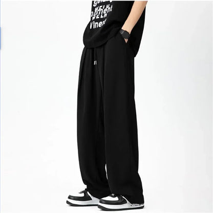 Pantalones bombachos holgados rectos lisos de verano para hombre, pantalones de chándal drapeados deportivos informales, pantalones de pierna ancha con cordón, novedad de 2025