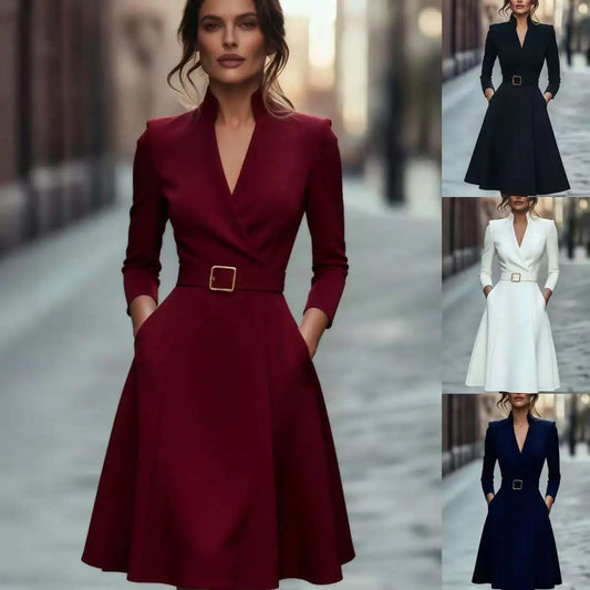 Vestido Maxi para Mujer | Escote en V, Manga Larga, Cintura Alta y Falda Corte A