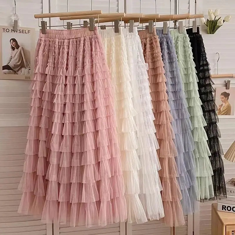 Falda larga de tul de talla grande para mujer, cintura alta, estilo A, con capas, elegante, para 200 libras, estilo coreano, ...