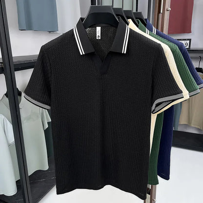 Nueva Camiseta Polo de Verano para Hombre |   Cuello en V con Rayas |   Camiseta de Manga Corta, Transpirable y Ajustada