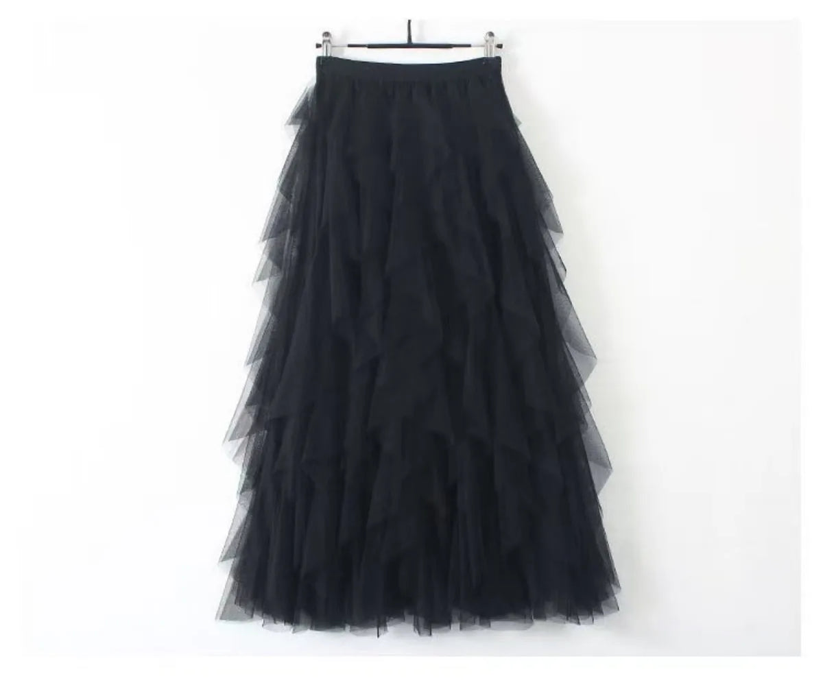 2025 New Fashion Tutu Tulle Skirt Women Long Maxi Skirt Spring Summer Korean Black Pink High Waist Pleated Skirt Female One Size