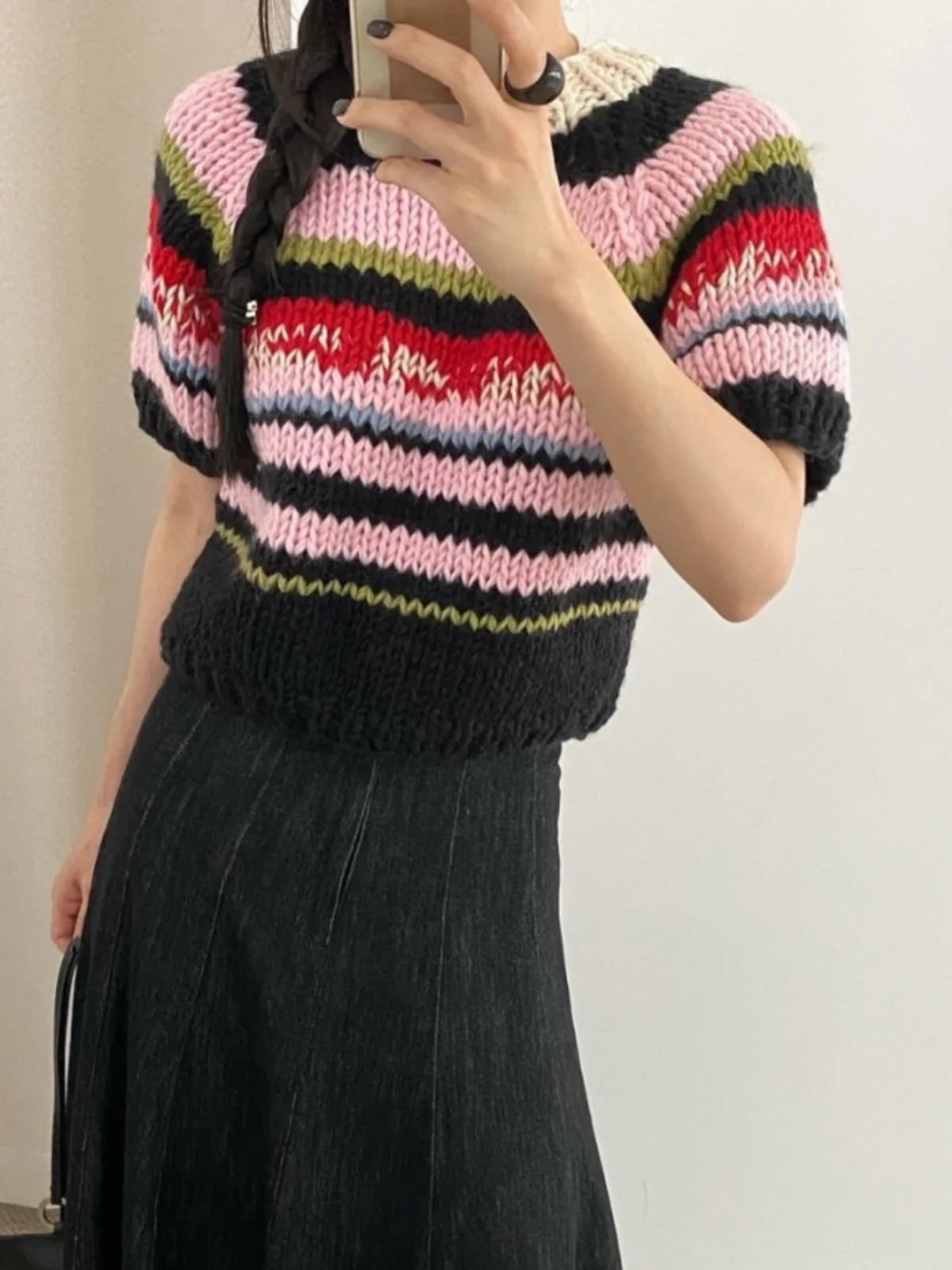 Suéter de punto con rayas arcoíris para mujer, cuello redondo elegante, manga corta, corte ajustado, estilo nuevo de otoño in...