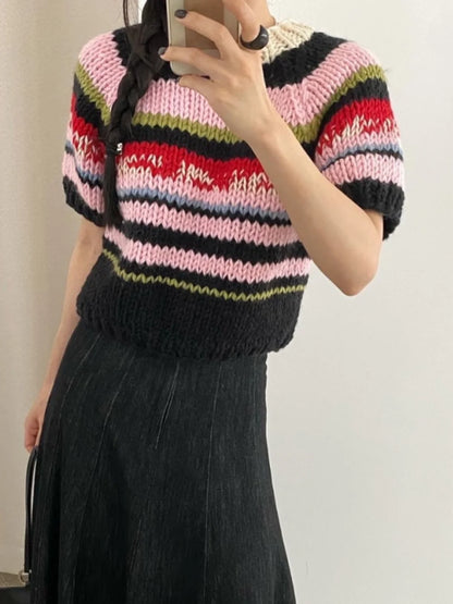 Suéter de punto con rayas arcoíris para mujer, cuello redondo elegante, manga corta, corte ajustado, estilo nuevo de otoño in...