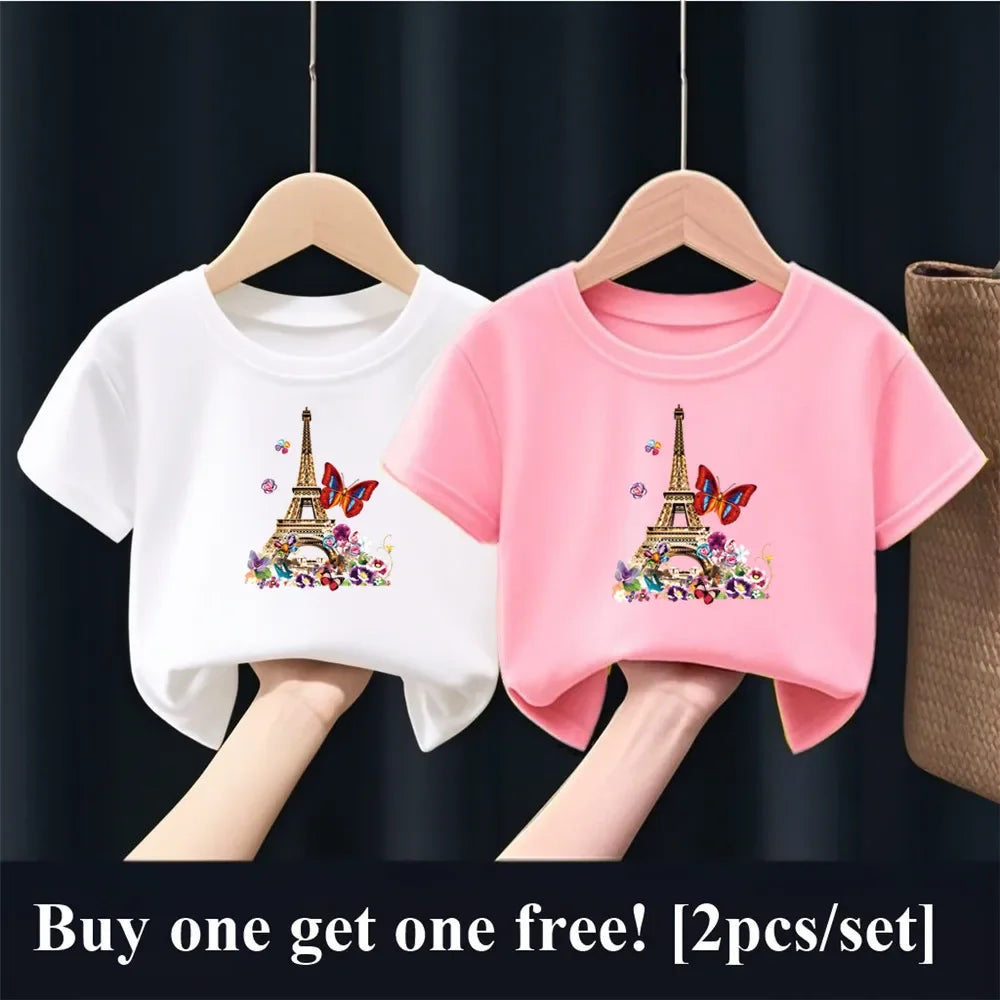 2 unids/pack niñas París Torre Eiffel mariposa estampado gráfico camiseta niños manga corta hermana traje a juego amigo fiesta Tops